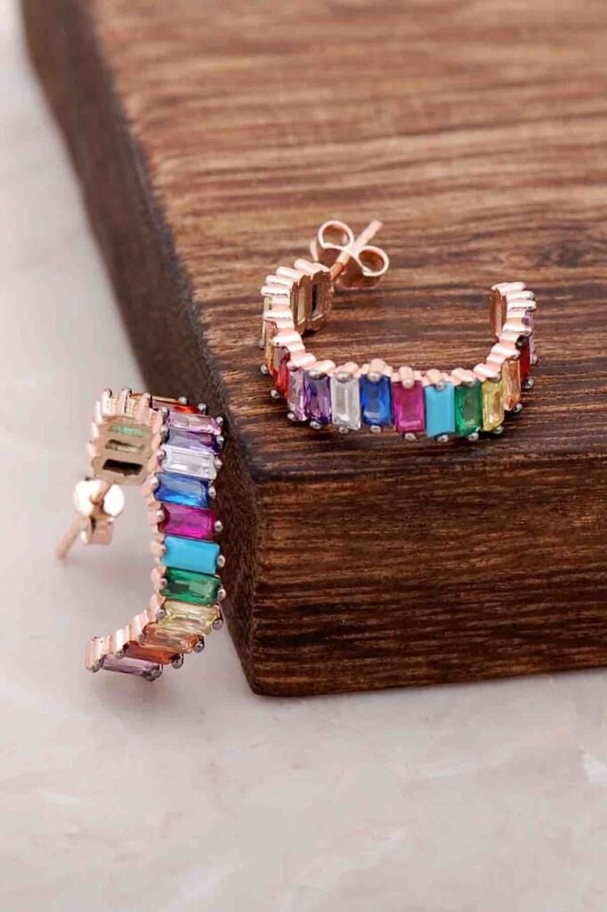 Baget Mix Taşlı Tasarım Rose Gümüş Küpe 4074