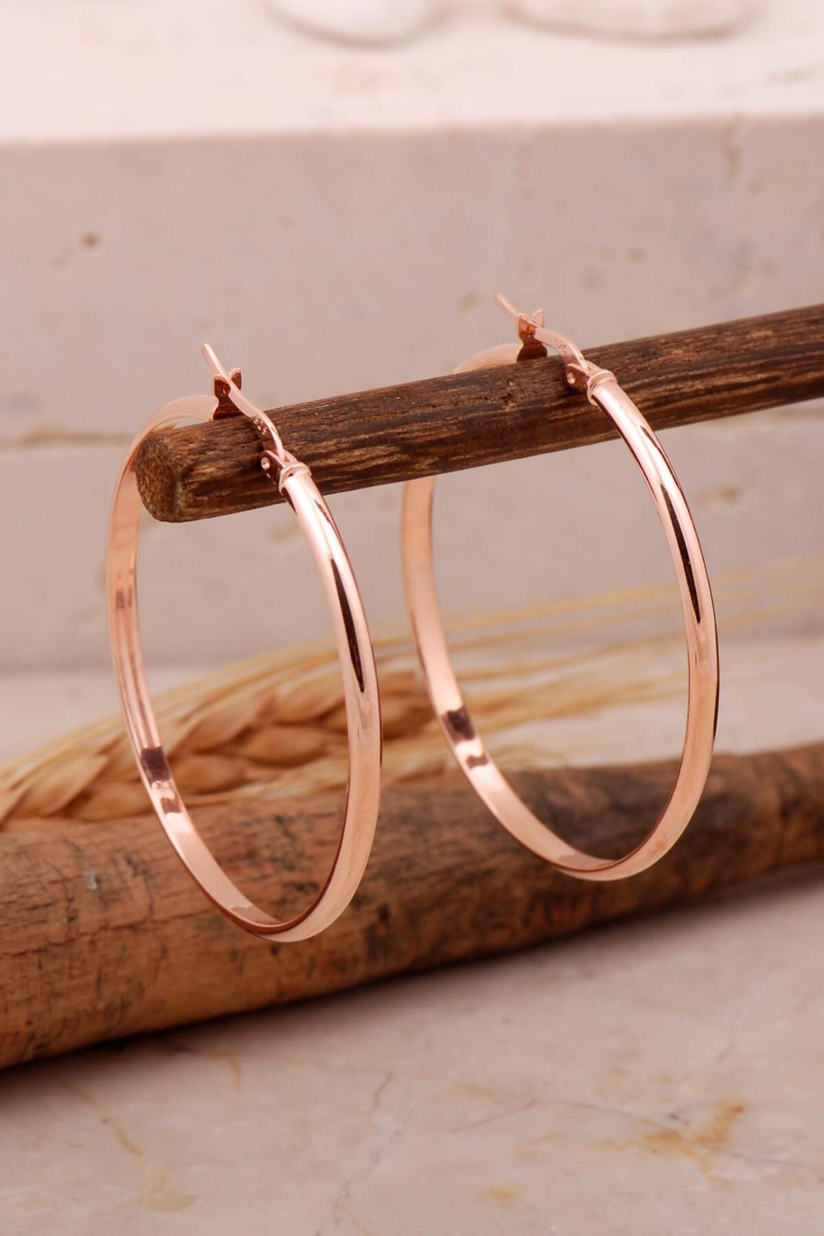 Rose Gümüş Şarnel Boy Halka Küpe 6877