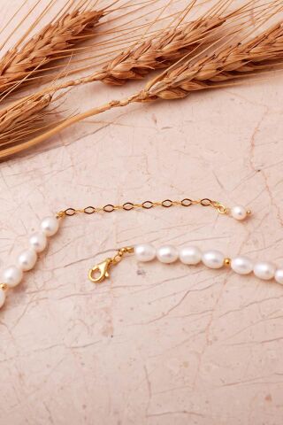 925 Ayar Gümüş Altın Yaldızlı İncili Dizgi Kolye 8115