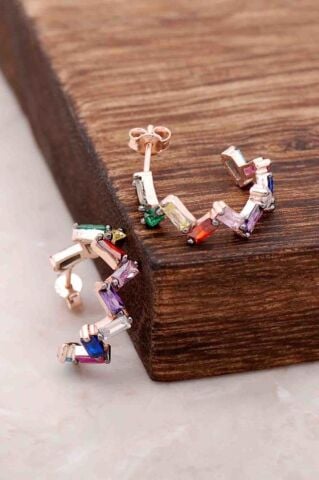 Baget Mix Taşlı Rose Gümüş Küpe 4075