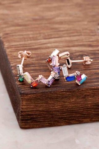 Baget Mix Taşlı Rose Gümüş Küpe 4075