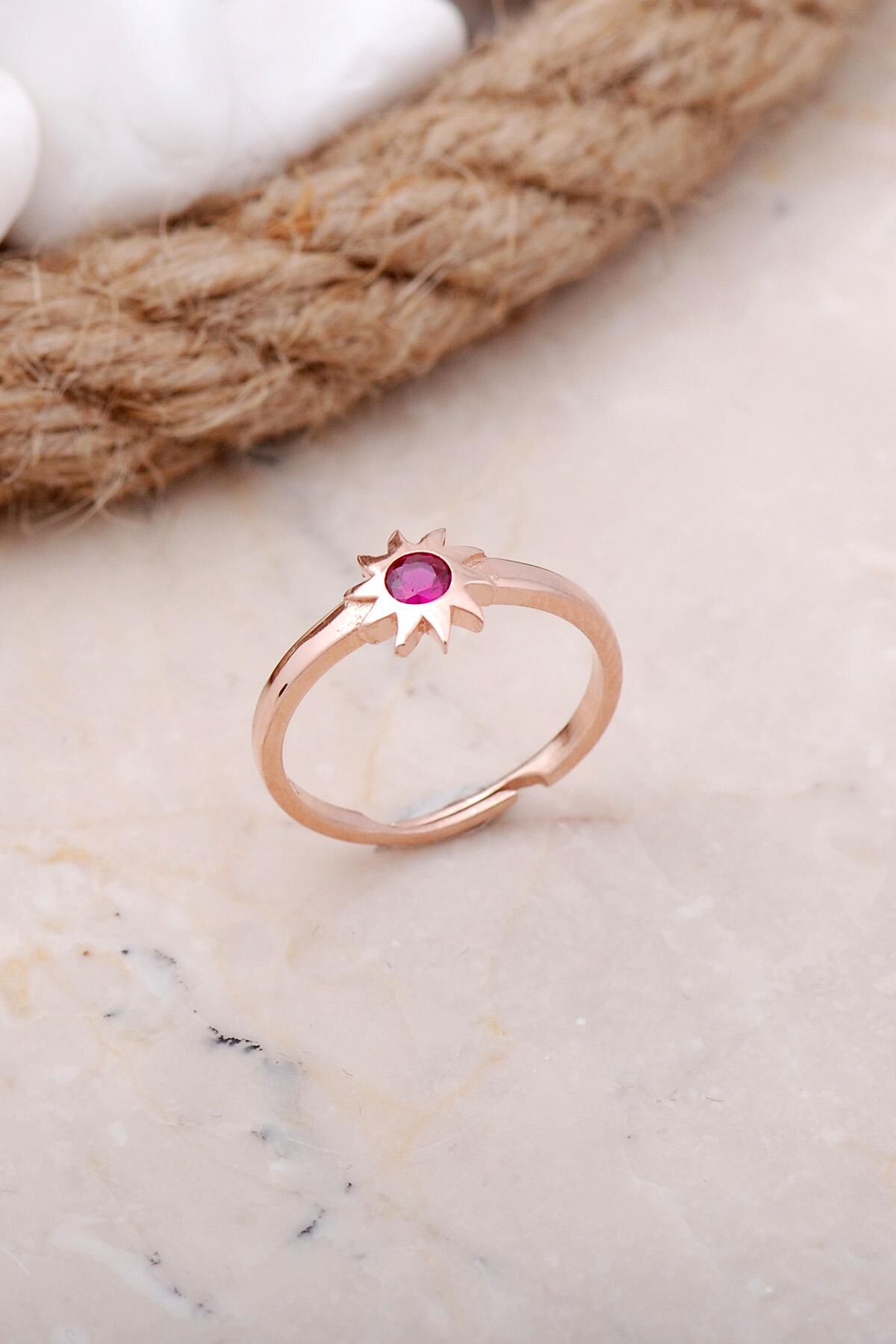 Yakut Taşlı Güneş Rose Gümüş Yüzük 3426