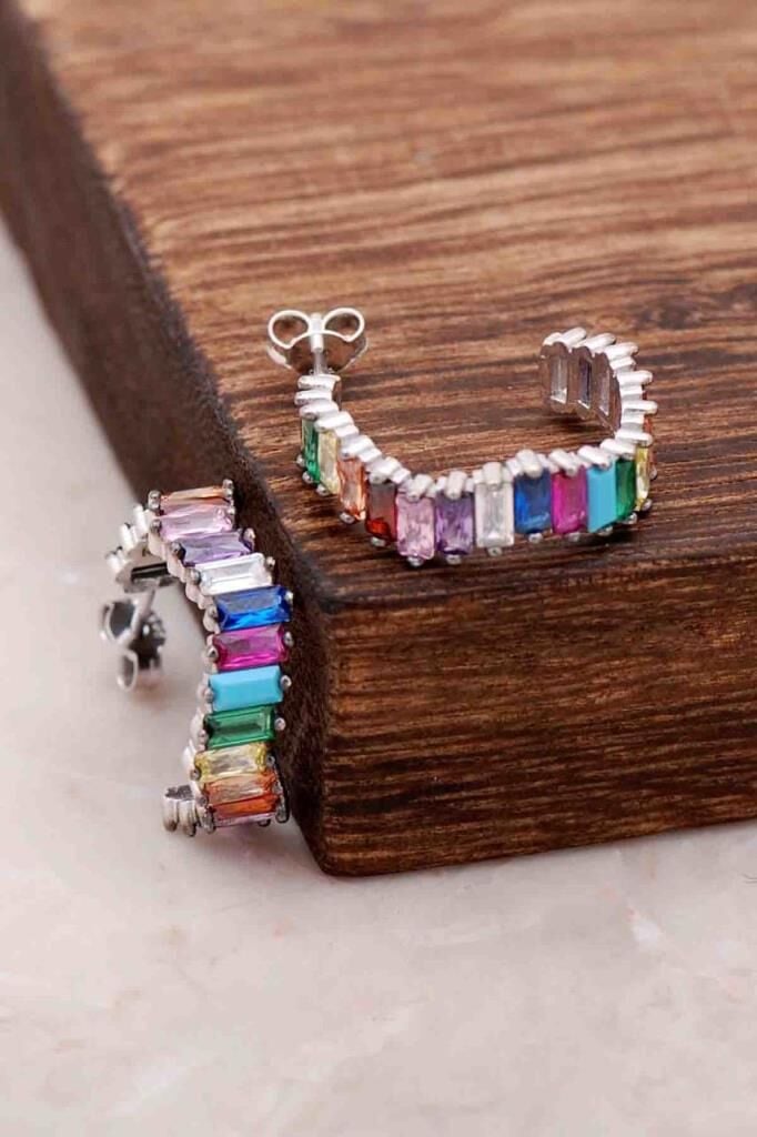 Baget Mix Taşlı Tasarım Gümüş Küpe 4076