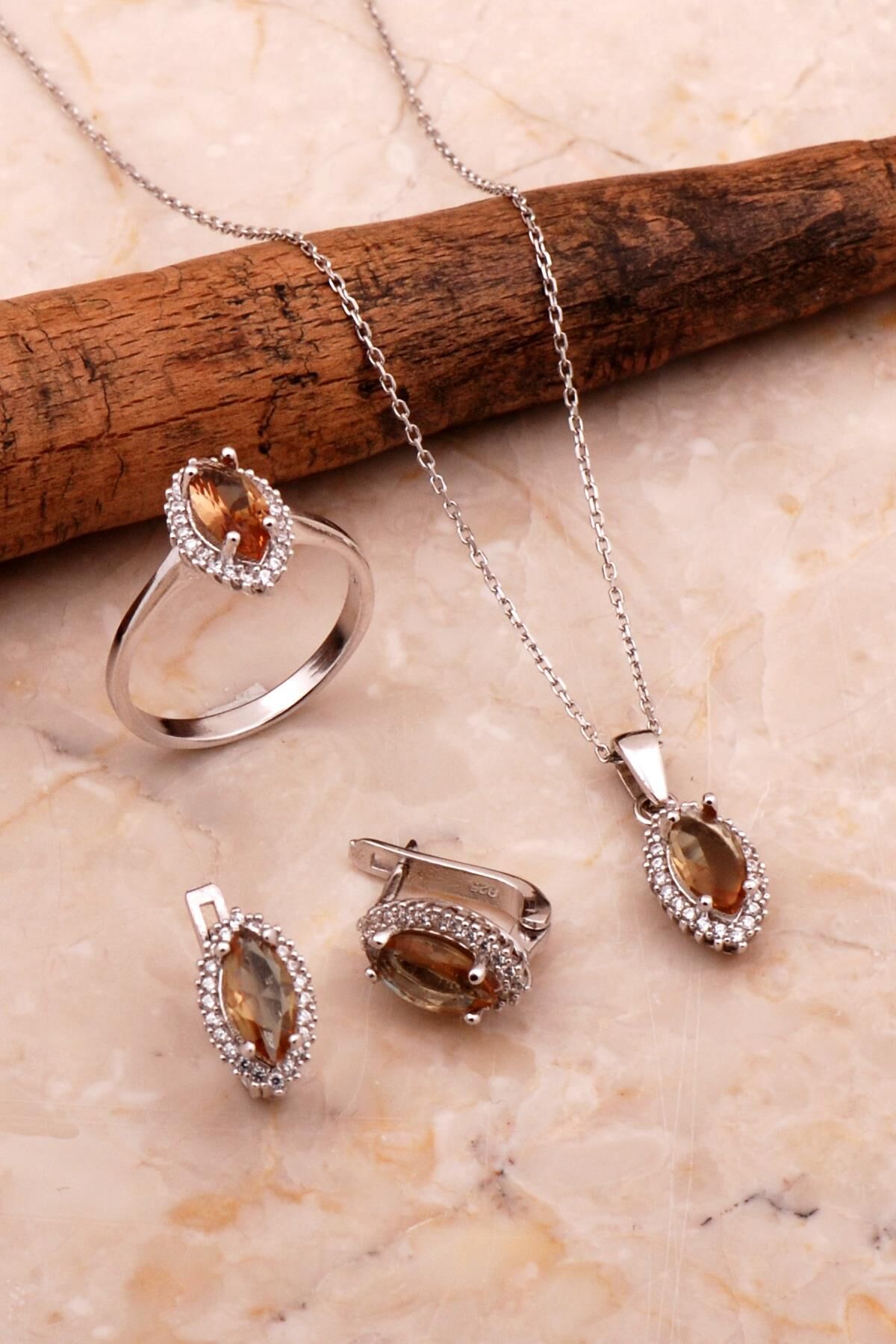 Renk Değiştiren Sultan Taşlı Rodyumlu Mekik Gümüş Set 2774