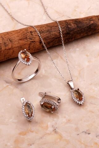 Renk Değiştiren Sultan Taşlı Rodyumlu Mekik Gümüş Set 2774