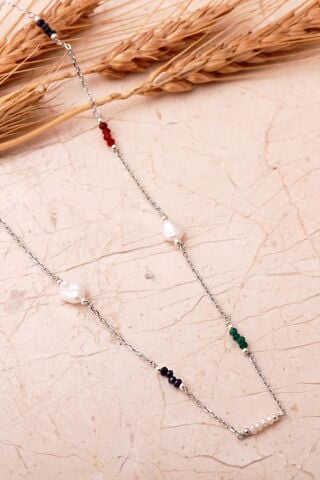 Renkli Taşlı Rodyumlu İnce 925 Ayar Gümüş Kolye 8116