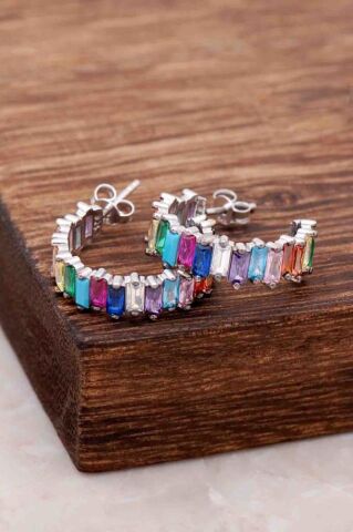 Baget Mix Taşlı Tasarım Gümüş Küpe 4077