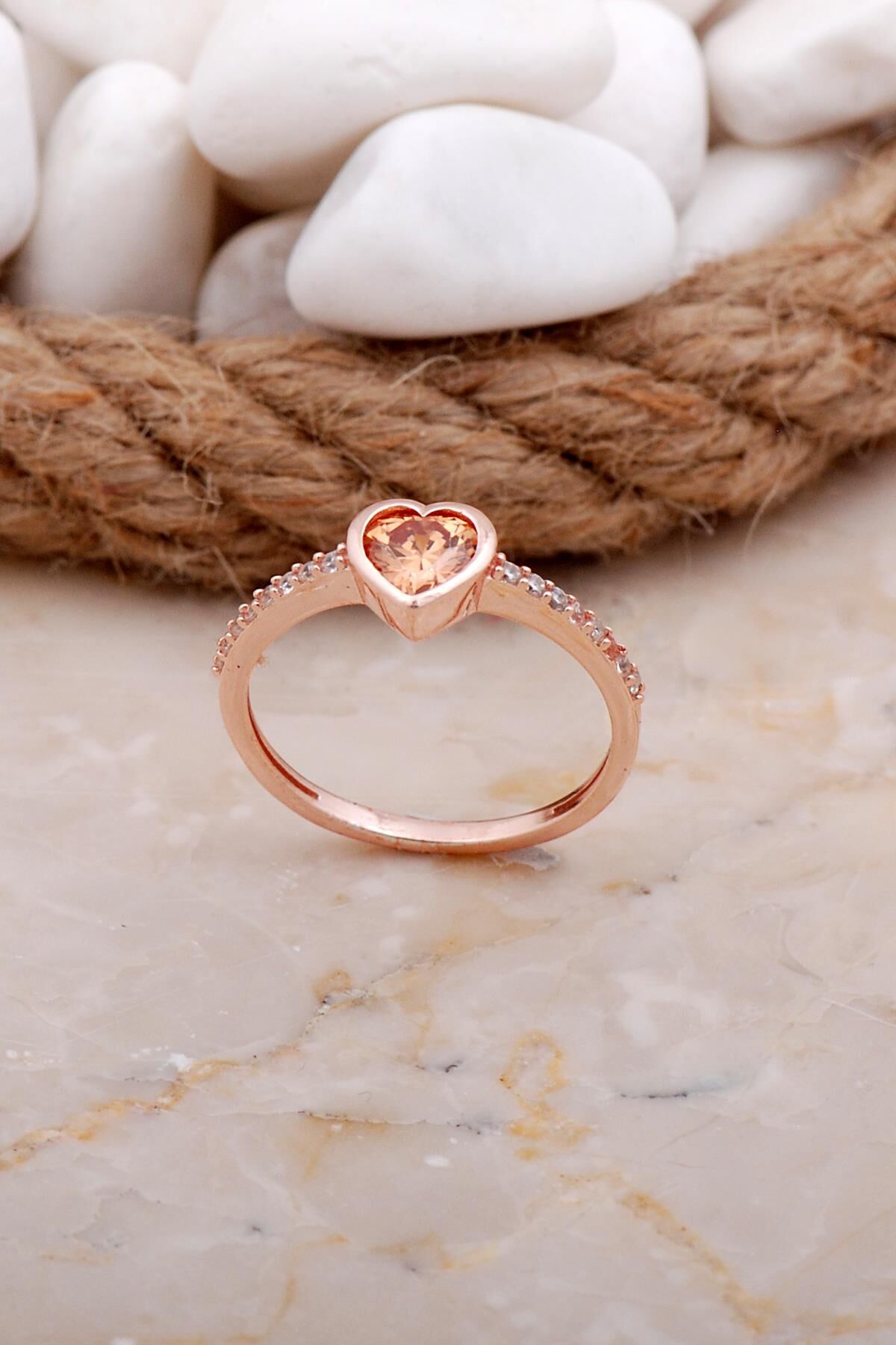 Kalp Topaz Taşlı Rose Gümüş Yüzük 3568