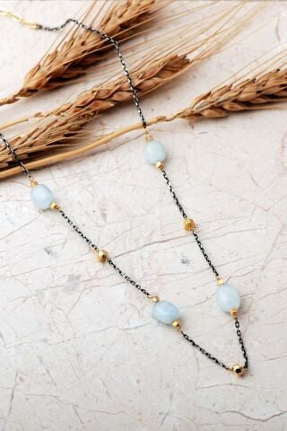 Kalsedon Taşlı Altın Yaldızlı Eskitme 925 Ayar Gümüş Kolye 8117