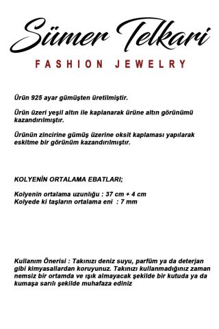 Kalsedon Taşlı Altın Yaldızlı Eskitme 925 Ayar Gümüş Kolye 8117