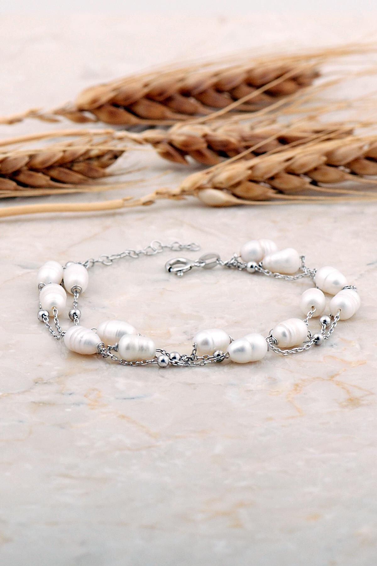 İnci Rodyumlu Üç Sıra Gümüş Bileklik 4738