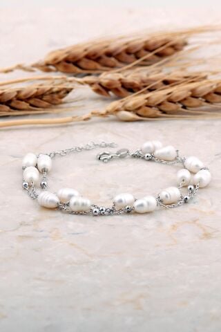 İnci Rodyumlu Üç Sıra Gümüş Bileklik 4738