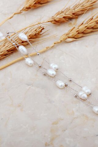 İnci Rodyumlu Üç Sıra Gümüş Bileklik 4738