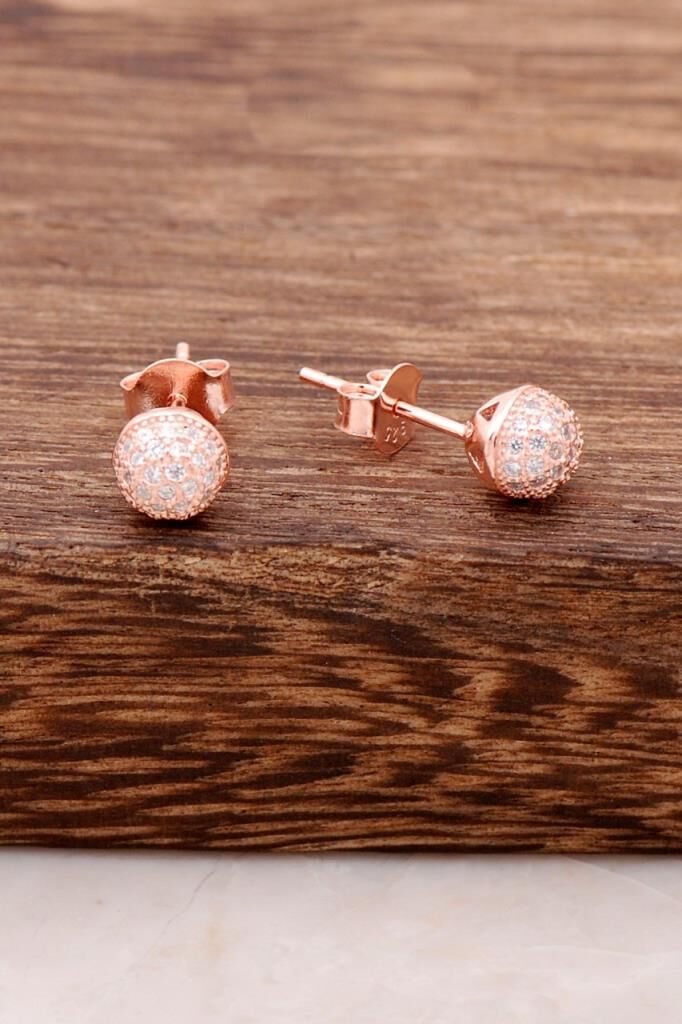 Pırlanta Görünümlü Rose Gümüş Taşlı Top Küpe 2656