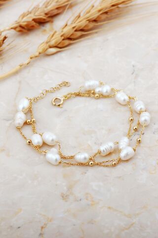İnci Altın Kaplama Üç Sıra Gümüş Bileklik 4739