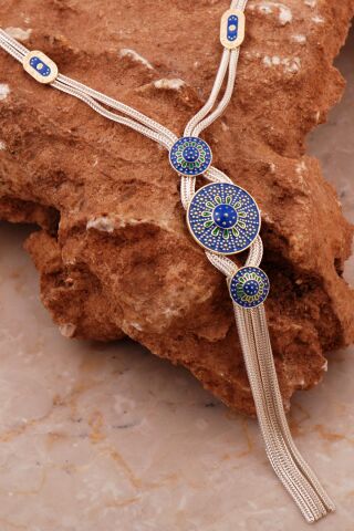 Mardin Güneşi Hasır El Örmesi Mineli Tasarım 925 Ayar Gümüş Set 2050