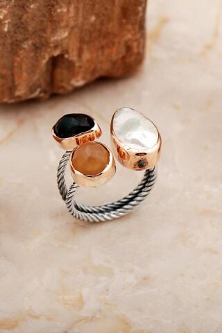 Üç Başlı İnci, Topaz ve Sitrin Taşlı El Sarması Gümüş Yüzük 5827