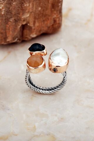 Üç Başlı İnci, Topaz ve Sitrin Taşlı El Sarması Gümüş Yüzük 5827