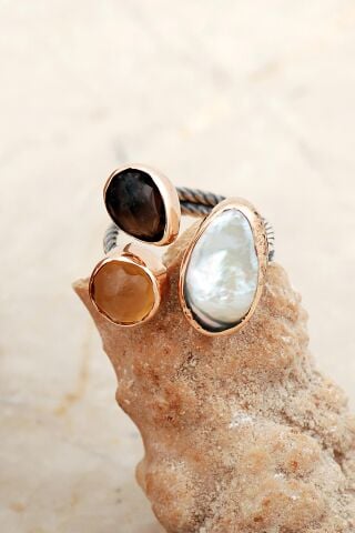 Üç Başlı İnci, Topaz ve Sitrin Taşlı El Sarması Gümüş Yüzük 5827