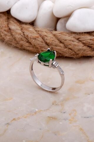 Yeşim Taşlı Damla Rodyumlu Gümüş Yüzük 3571