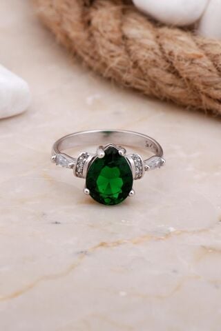 Yeşim Taşlı Damla Rodyumlu Gümüş Yüzük 3571