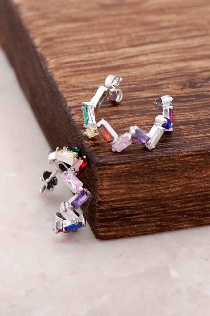 Baget Mix Taşlı Gümüş Halka Küpe 4081