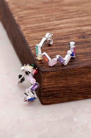 Baget Mix Taşlı Gümüş Halka Küpe 4081