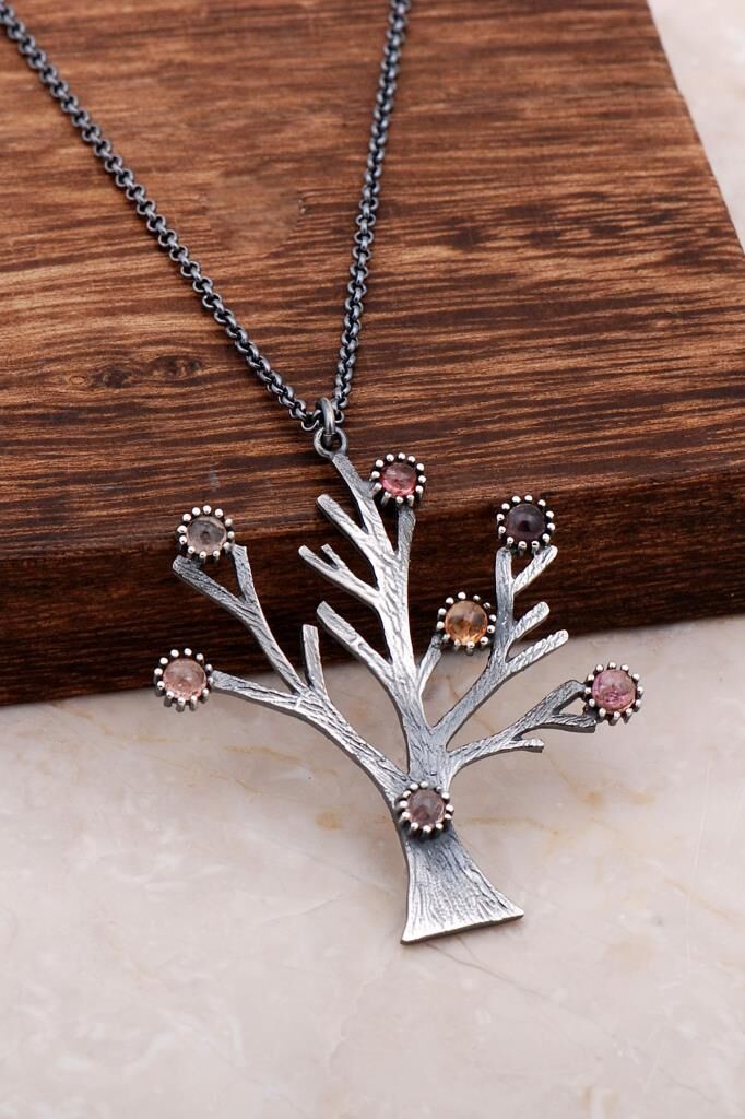 Hayat Ağacı Doğal Taşlı Tasarım Gümüş Kolye 6711