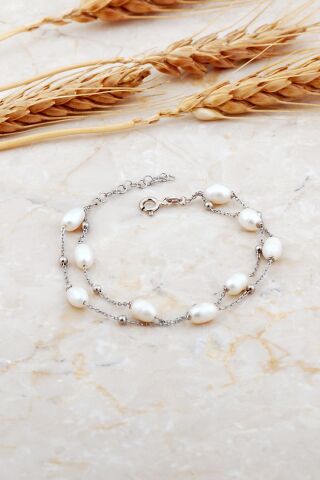 İnci Rodyumlu İki Sıra Gümüş Bileklik 4740