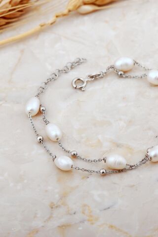İnci Rodyumlu İki Sıra Gümüş Bileklik 4740