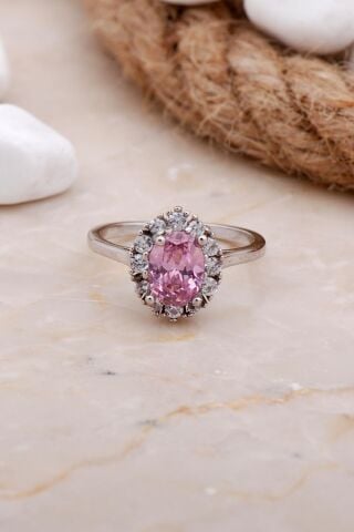 Pembe Zirkon Taşlı Rodyumlu Gümüş Yüzük 3572