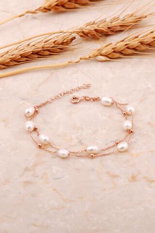 İnci İki Sıra Rose Gümüş Bileklik 4741