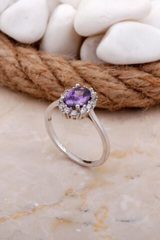 Ametist Taşlı Rodyumlu Gümüş Yüzük 3574