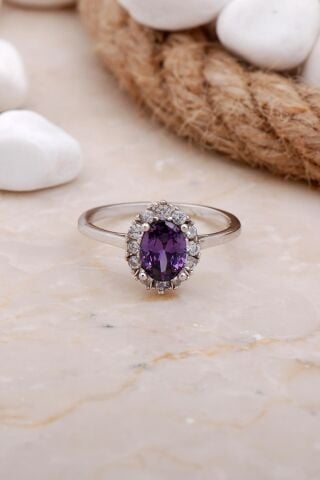 Ametist Taşlı Rodyumlu Gümüş Yüzük 3574