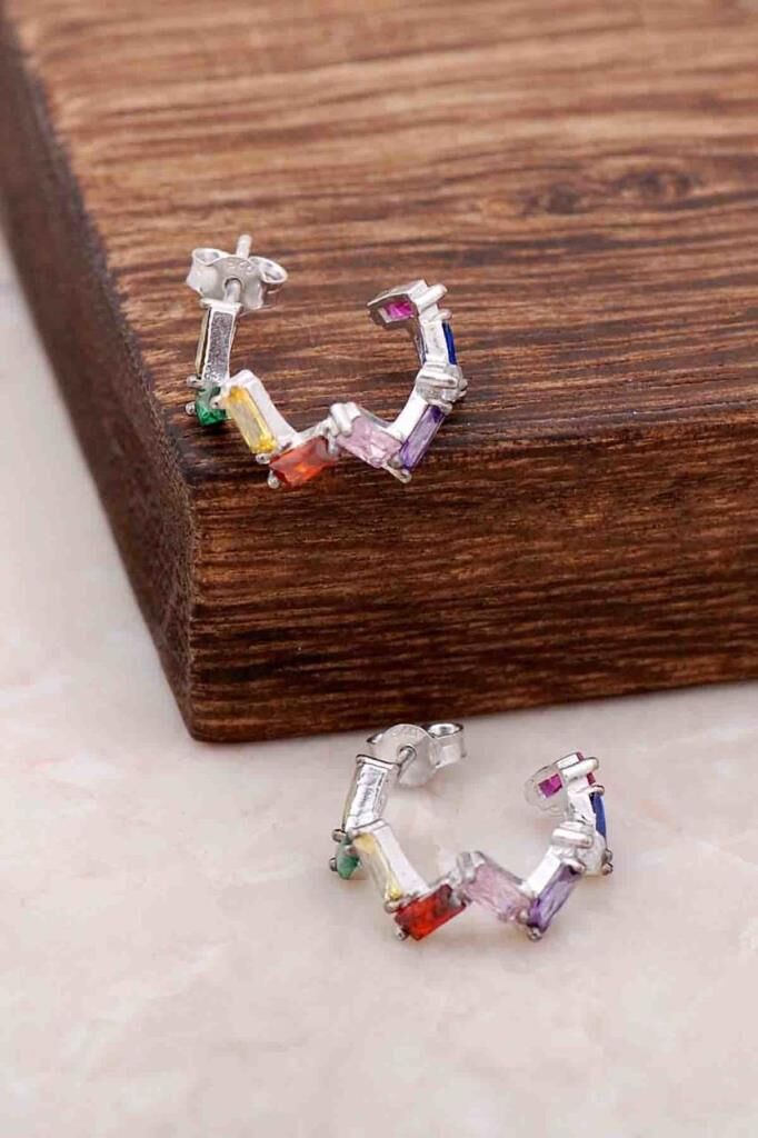 Baget Mix Taşlı Tasarım Halka Gümüş Küpe 4083