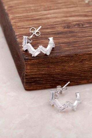 Baget Taşlı Tasarım Gümüş Halka Küpe 4084