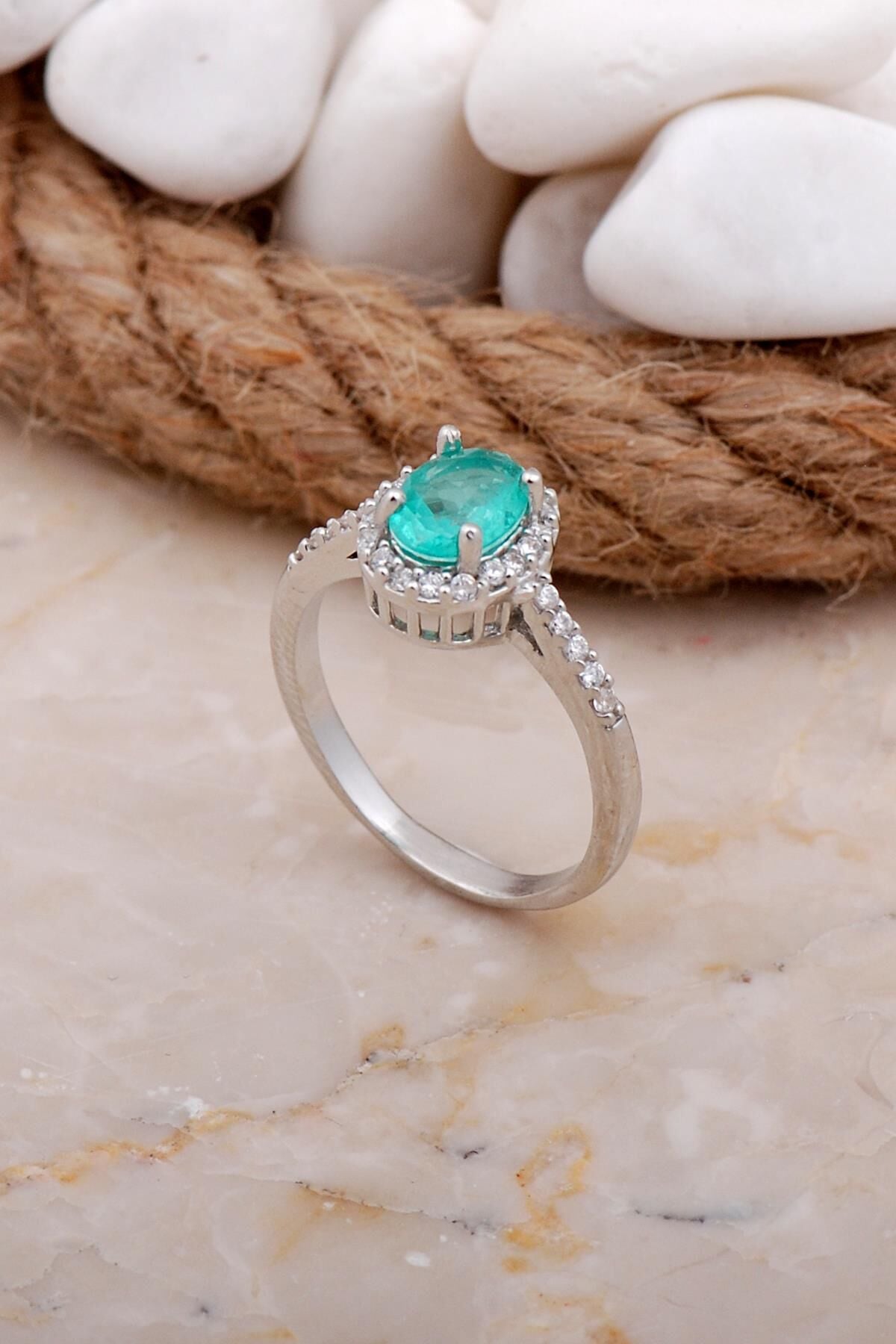 Paraiba Taşlı Mavi Rodyumlu Gümüş Yüzük 3575