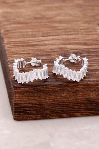 Baget Taşlı Tasarım Gümüş Halka Küpe 4085