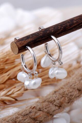 İnci Taşlı Rodyumlu Gümüş Halka Küpe 5704