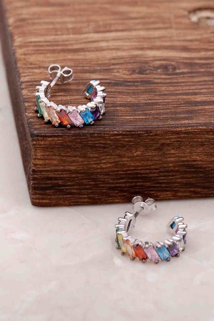 Baget Mix Taşlı Tasarım Gümüş Halka Küpe 4086
