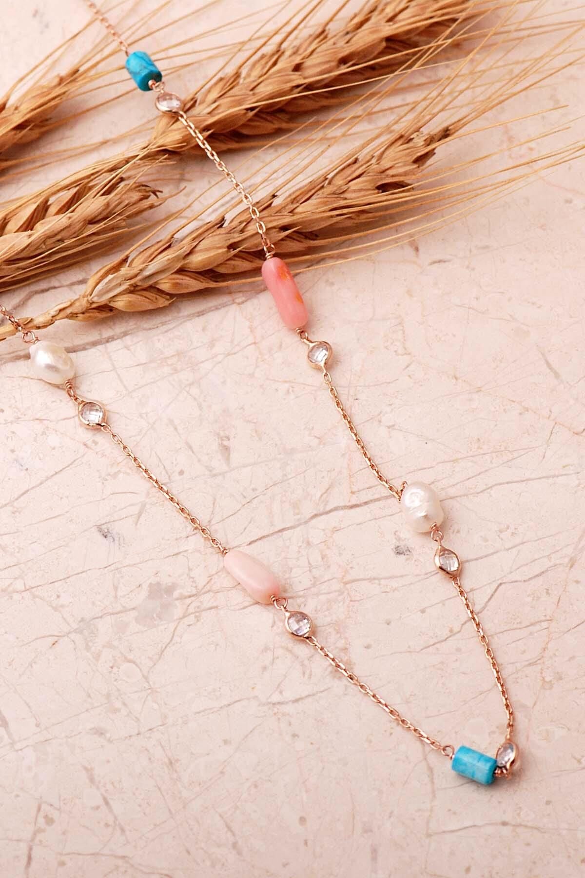 İnci, Mercan Ve Firuze Taşlı 925 Ayar Rose Gümüş Uzun Zarafet Kolye 8118