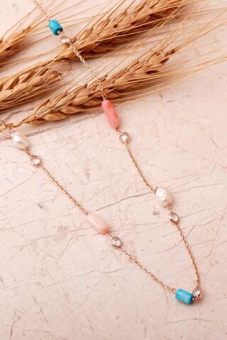 İnci, Mercan Ve Firuze Taşlı 925 Ayar Rose Gümüş Uzun Zarafet Kolye 8118