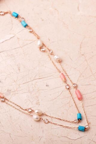 İnci, Mercan Ve Firuze Taşlı 925 Ayar Rose Gümüş Uzun Zarafet Kolye 8118