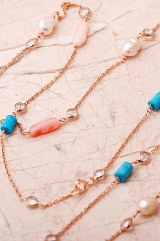 İnci, Mercan Ve Firuze Taşlı 925 Ayar Rose Gümüş Uzun Zarafet Kolye 8118