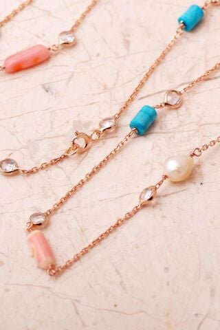 İnci, Mercan Ve Firuze Taşlı 925 Ayar Rose Gümüş Uzun Zarafet Kolye 8118