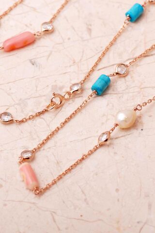 İnci, Mercan Ve Firuze Taşlı 925 Ayar Rose Gümüş Uzun Zarafet Kolye 8118