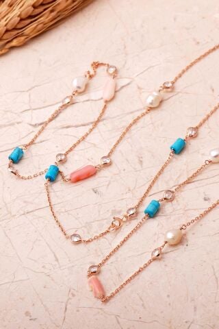 İnci, Mercan Ve Firuze Taşlı 925 Ayar Rose Gümüş Uzun Zarafet Kolye 8118