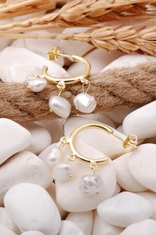 İnci Taşlı Altın Yaldızlı Gümüş Halka Küpe 5705