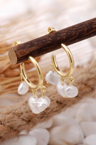 İnci Taşlı Altın Yaldızlı Gümüş Halka Küpe 5705