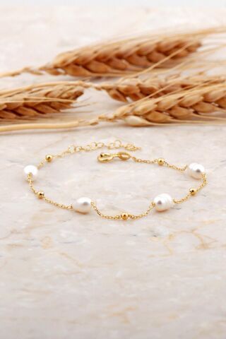 İnci Tek Sıra Altın Kaplama Gümüş Bileklik 4744